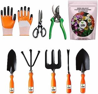 GROW DELIGHT Gardening Tools Kit-9 Pcs (Fork, Cultivator, Trowels, Garden Gloves, Weeder, Pruner Cutter, Garden Scissors, Free Flower Seeds Packet)|Durable Gardening Tools|Home Gardening Tool Set