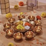 Amazon Brand - Solimo Gold Polished Metal Flower Tealight Candle Holder - Urli Bowl | Home Decor for Diwali, Weddings and Anniversaries | Holds 9 Tealights | Gold Finish