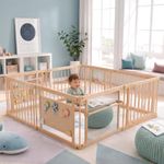 Avenlur Wooden Baby Playpen with Mirror & Whiteboard Panel – Foldable 63" x 63" Montessori Sensory Play Yard for Babies & Toddlers, Natural Wood