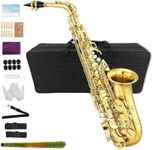 Yinfente Eb Flat Alto Saxophone Kit with 10 Reeds, 8 Pads, Hard Case, Gold Finish