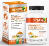 Renew Actives Ginger Turmeric Curcumin Capsules - Potent Antioxidant with Bioperine & Black Pepper Blend for Digestive & Liver Protection - Easy-to-Swallow Capsules - 60 capsules