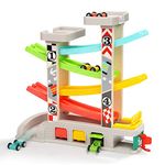 TOP BRIGHT Wooden Car Ramp Toys for 1 2 3 Year Old Boy Gifts Birthday Presents Toddler Race Track Toy with 4 Cars and 3 Car Garages