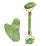 Gua Sha Stone & Jade Face Roller Set - Anti Aging Jade Gua Sha Face Massage Tool for Wrinkles- Eye Roller for Dark Circles and Puffiness - Organic Face Rollers for Women & Men- Jawline Shaper Stone