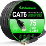 Cat 6 Ethernet Cable 75 ft (at a Cat5e Price but Higher Bandwidth) Flat Internet Network Cable Support 10Gbps 500 Mhz - Black Computer LAN Cable + Free Clips and Straps for Router Xbox Modem