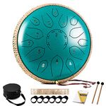 HOPWELL Steel Tongue Drum - 15 Note 12 Inch Tongue Drums - Percussion Instruments - Hand Pan Drum with Music Book, Drum Mallets and Carry Bag, D Major, Malachite Green