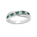 The Emerald Ring Collection: Beautiful Channel Set Emerald & Diamond Crossover Eternity Ring in Sterling Silver (Size S)