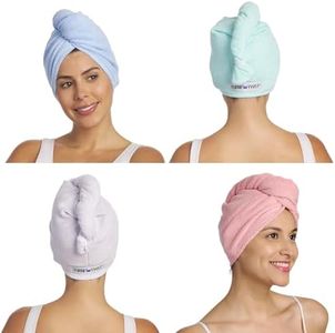 Turbie Twist 4-Pack Microfiber Hair Towel for Beauty, Travel, Gifting - Hair Wrap Turban for Straight, Wavy & Curly Hair - Premium Hair Care - Pink, Purple, Blue & Aqua