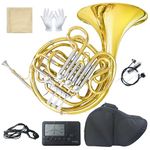 Double French Horn F/Bb 4 Keys,Gold Lacquer French Horn Intermediate with French Horn Case, Mouthpiece,Gloves,Cleaning Cloth,Brush,Tuner and French Horn Mute Silencer (Gold)
