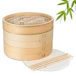 Flexzion Bamboo Steamer Basket Set (8 inch), 50 x Steamer Liners and 2 Pairs of Chopsticks, Steam Baskets for DimSum Dumplings, Rice, Vegetables, Fish and Meat