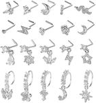 SAMOCO 20Pcs 20G Dangle Nose Ring L Shaped Dangling Nose Stud for Women Stainless Steel Nose Ring Studs CZ Flower Dangle Nose Rings Hoops Nose Piercing Jewelry(Silver)