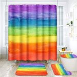 ArtSocket Rainbow Watercolor Stripe Bathroom Set with Shower Curtain and Rugs Accessory,Abstract Colorful Striped Creative Vintage Shower Curtain Set, Abstract Shower Curtain for Bathroom Decor 4 Pcs