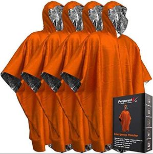 PREPARED4X Emergency Rain Poncho with Mylar Blanket Liner - Survival Blankets for Car - Heavy Duty, Waterproof Camping Gear, Tactical Prepper Supplies– 4 Pack (Orange)