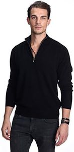 State Cashmere Men's Half Zip Mock Neck Sweater 100% Pure Cashmere Polo Neck Pullover (Black, Large)
