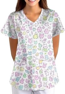 Scrubs for Women Short Sleeve V Neck Print Tops Nursing Working Uniform T-Shirts Casual Caregiver Top