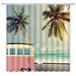 FGYGYK Tour Bus Shower Curtain Surfboard Tropical Palm Tree Retro RV Camping Car Summer Ocean Beach Coastal Surf Vacation Hawaiian Exotic for Men Boys Polyester Bathroom Decor with Hooks 90wX70h Inch