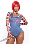 Women's Multi Stripes Halloween Scary Nightmare Killer Doll Cami Bodysuit Costume Set Chucky Doll Size Uk 14