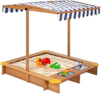 VIVOHOME 47.6 Inch x 46.5 Inch Wooden Sandbox with 2 Plastic Side Containers, Kids Sandbox with Rotatable UV-Resistant Canopy for Home Backyard Beach Outdoor