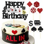 9pcs Casino Happy Birthday Cake Toppers, Casino Poker Dice Cake Decoration Set, Black Red Glitter Casino Chips Heart Cupcake Toppers for Las Vegas Themed Birthday Party Decoration