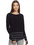 HYPERNATION Black and Grey Stripe Round Neck Thumb Insert Cotton Blend T-Shirt for Women(HYPW01355)