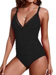 KI LAPHEE One Piece Swimsuits for Women Tummy Control Bathing Suits Modest Swimwear Criss Cross Tapes Black-L