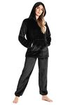 CityComfort Womens Pyjamas, Hooded Fleece Pyjamas Women and Teens, Fluffy Loungewear Set, Cosy Fleece PJs (Black, XL)