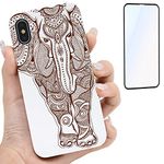 iProductsUS White Phone Case Compatible with iPhone XS, X and Screen Protector-Engraved Unique Elephant Cherry Wood Case, Built-in Metal Plate, Compatible Wireless Charger, TPU Shockproof Cover (5.8")