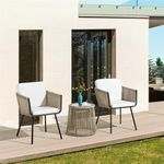 LOCCUS 3 Pieces Patio Furniture Set Outdoor All Weather Woven Rope Conversation Bistro Set Hand-Woven Rope Chairs with Glass Top Coffee Table Set for Backyard (Beige and Off-White)