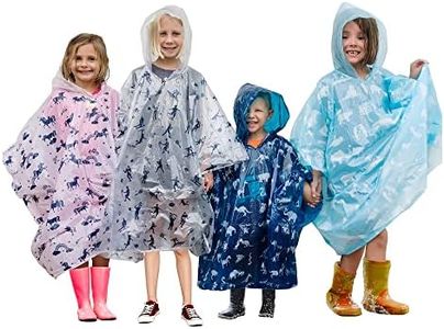 Disposable Rain Ponchos Kids - Emergency Kids Rain Poncho - 4 Pack Hooded Ponchos for Boys and Girls With Fun Designs