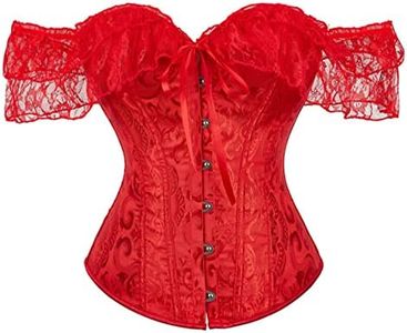 Moessa Women Floral Lace Off Shoulder Corset Bustier Boned Overbust Corset Bodyshaper Lingerie Top, 902red, Small