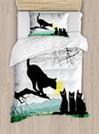 Ambesonne Cat Duvet Cover Set Twin Size, Mother Cat on Tree Branch and Baby Kittens in Park Best Friends I Love My Kitty Graphic, Decorative 2 Piece Bedding Set with 1 Pillow Sham, Multi