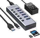 Powered USB 3.0/USB C Hub, Aluminum USB Splitter with 6 USB 3.0 Data Ports, SD/TF Card Readers,On/Off Power Switches, 5V/4A AC Adapter,Universal 8-Port for PC, Laptops,MacBook Pro/Air, Surface Pro,HP