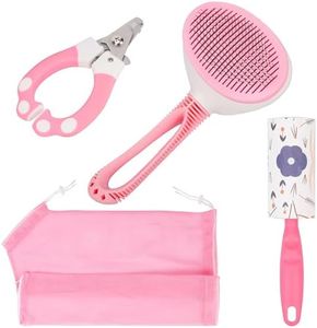 Belle Vous Pink All-in-One Pet Grooming Set - Self-Cleaning Shedding Brush, Nail Clippers, Bath Bag and Lint Roller for Long/Short-Haired Cats or Dogs