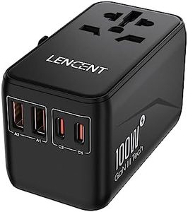 LENCENT Universal Travel Adapter, 100W GaN3 International Adaptor with 2 QC4.0 USB-A+2 PD3.0 Type-C PPS Fast Charging, Worldwide Wall Charger for Mobile Phone, Plug Adapter USA/UK/EU/AU Black