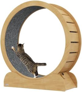PawHut Cat Treadmill, Cat Exercise Wheel, 39.4 inch Kitten Running Wheel with Brake, Carpeted Runway for Exercise - Natural Wood Finish