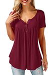 Beluring Women Casual Short Sleeve Summer Tops Henley Shirts V Neck Blouse Claret Size 22 24