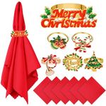 LOYIM 12 Pcs Christmas Napkin Rings and Cloth Napkins Set Include 6 Napkin Holders for Tables and 6 Red Napkins Christmas Table Decoration for Xmas Events Dinner Wedding Party (Gold,Elegant Style)