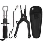 FUSIGO Fishing Pliers Fish Lip Grabber, Upgraded Portable Hook Remover Line Cutters Split Ring Stainless with Sheath Lanyard (Black Pliers+Fish Holder 2PCS)