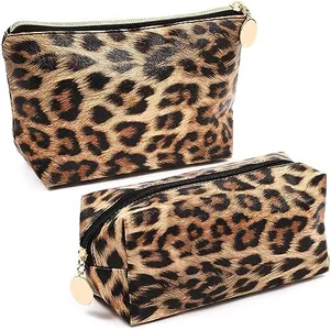 Glamlily Small Leopard Print Faux Leather Makeup Bag (8 x 3 x 5 in, 2-Pack)