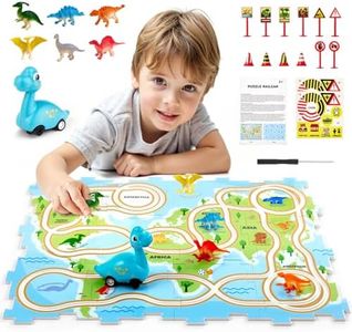 Puzzle Racer Kids Car Track Set: Unique World Map Floor Puzzles with Vehicles, Dinosaur Railcar Puzzle Playset, STEM Educational Toys for Kids Birthday Gifts for 3 4 5 6 Year Old Boys and Girls