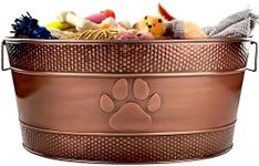 BREKX Indestructible Metal Dog Toy Bin - Copper Galvanized Storage Bin with Handles, Dog Toy Box for Dog Chew Toys, Blankets, & Leashes, Paw Pet Toy Box (25-Quart)