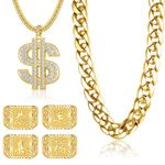 Subiceto Hip Hop Gold Plated Chain Necklaces and Rings Set for Men Women Rapper Costume Big Chunky Chain with Dollar Sign Kanji Blessing Lucky Rings 80s 90s Party Jewelry