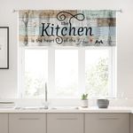 Riyidecor Farmhouse Valance Kitchen Curtains Rustic Teal Wooden Board Country Fork and Spoon Retro Vintage Wood Rod Pocket Funny Quotes Bedroom Living Room Treatment Fabric 1 Panel 52Wx18H Inch