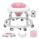 Baby Walker, Foldable Multi-Function Anti-Rollover Walker with Brake Design, 7 Level Height Adjustable, Baby Walkers for Boys 6 Months Suitable for All Terrains (Light Pink)