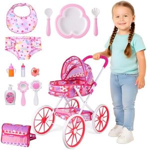BABESIDE 10 Pcs Baby Doll Stroller Set with Feeding Doll Accessories, Baby Doll Stroller Toys for 12-16 Inches Dolls, Pretend Play Feeding Toy for Toddlers (Not Doll)
