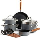 GreenPan Mayflower Pro Hard Anodized Healthy Ceramic Nonstick, 13 Piece Cookware Set, Inclu. Fry Pan Saucepan & Stockpot, Vintage Wood Handle, PFAS-Free, Induction Suitable, Charcoal Gray