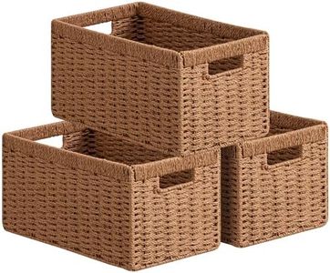 UBBCARE 3 Pack Wicker Basket, 13.4L×8.3H×7.1W inch Woven Paper Rope Storage Baskets for shelves, Foldable Rectangular Storage Baskets with Handle, Storage Basket for Organizing, Caramel