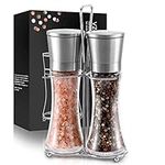 Vzaahu Stainless Steel Salt and Pepper Grinder Set of 2 with Holder, Adjustable Coarseness Ceramic Grinder Refillable Mill Set for Home BBQ Kitchen Housewarming Gift