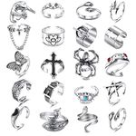 Kakonia 16Pcs Silver Goth Punk Rings Set for Men Women Frog Snake Butterfly Spider Eye Animal Ring Adjustable Cool Gothic Statement Stacking Rings Y2K Accessories