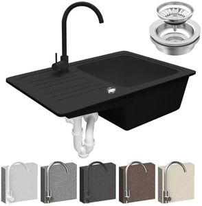 Aquamarin® Évier en Granit - avec 1 Bac et Égouttoir, Set : Kit de Vidange et Robinet, 76x46cm / 57x45cm, à Encastrer ou Sous Plan, Évier de Cuisine, Équipement de Cuisine