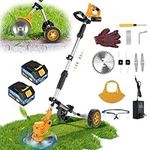 reffmov Electric Weed Wacker with Wheels, 2000mAh Battery Powered Weed Eater, Cordless Lawn Mower Brush Cutter, 21V Grass Trimmer String Trimmer, Edge Lawn Tool Kit 3 Types Blades, 2 Battery, Charger